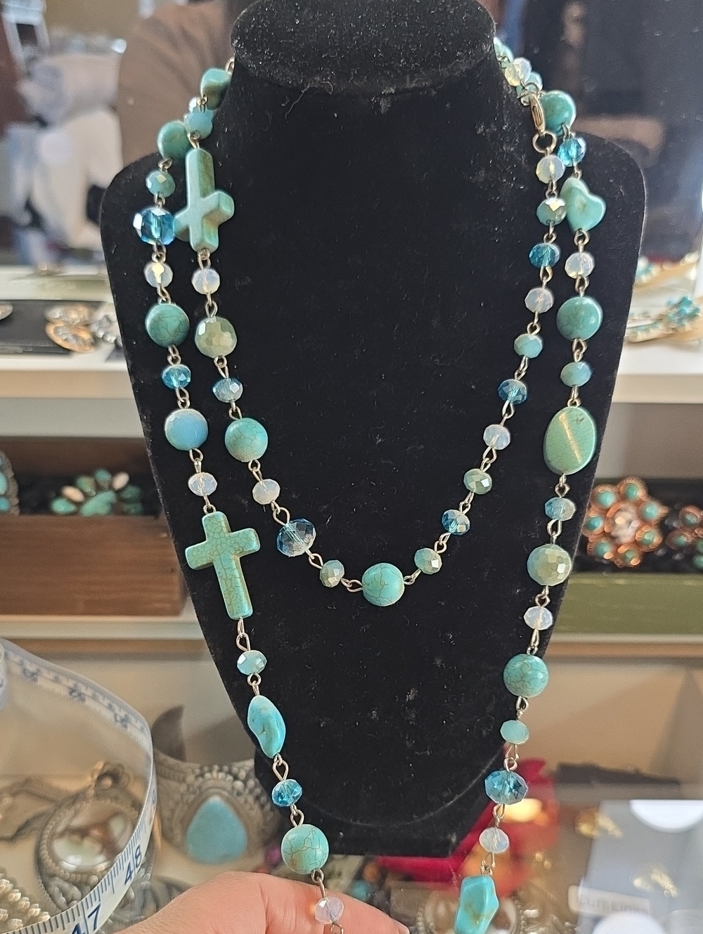 Elegant Faux Turquoise Cross Beaded Necklace - Women Jewelry
